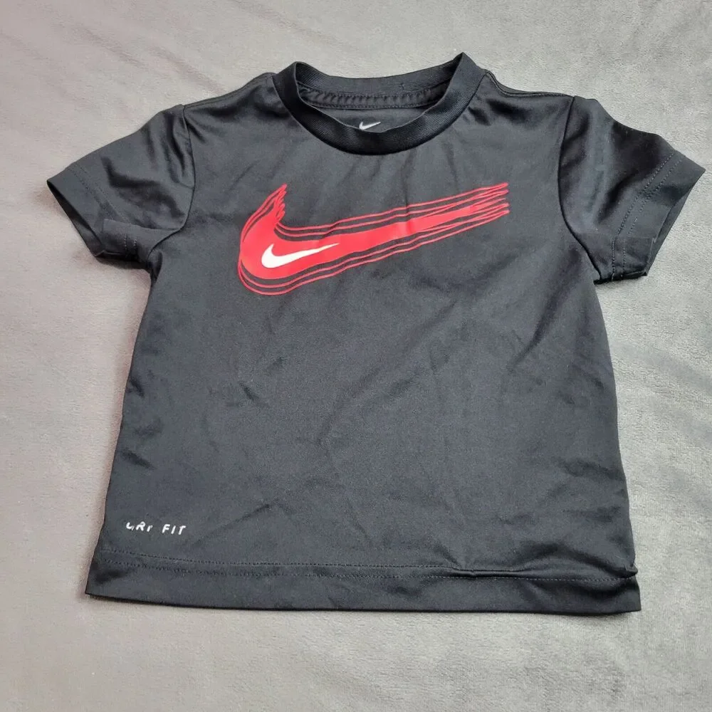 Nike DriFit Boy Size 2 Toddler Tee Black Crew Neck Large Red Swoosh Pullover Top